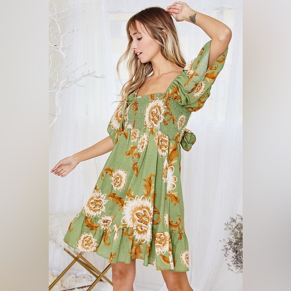 Sage Printed Mini Dress Summer Dress Bohemian Beach Dress - Picture 2 of 5